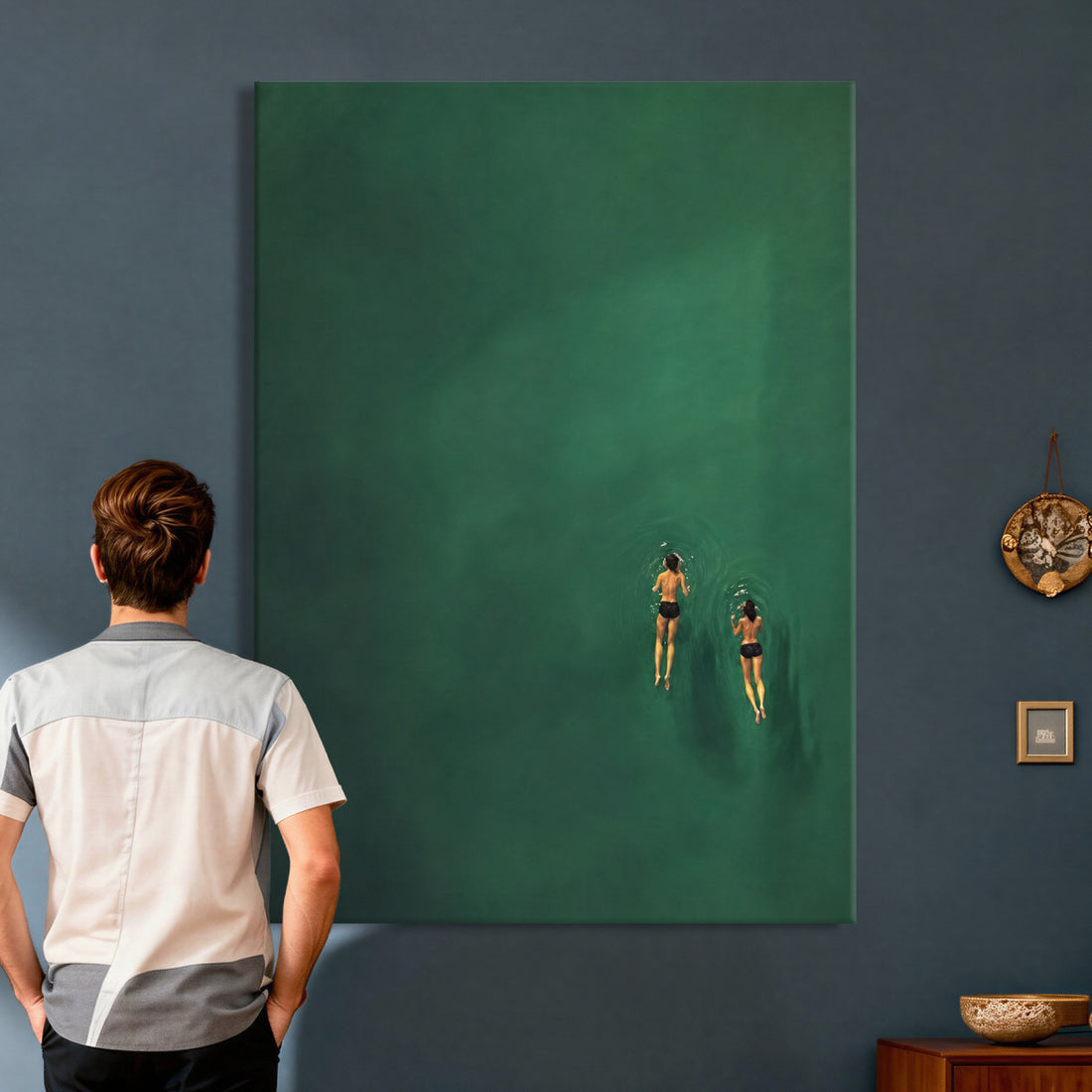 Minimalist Swimmers Canvas Wall Art Emerald Green Water Painting Print