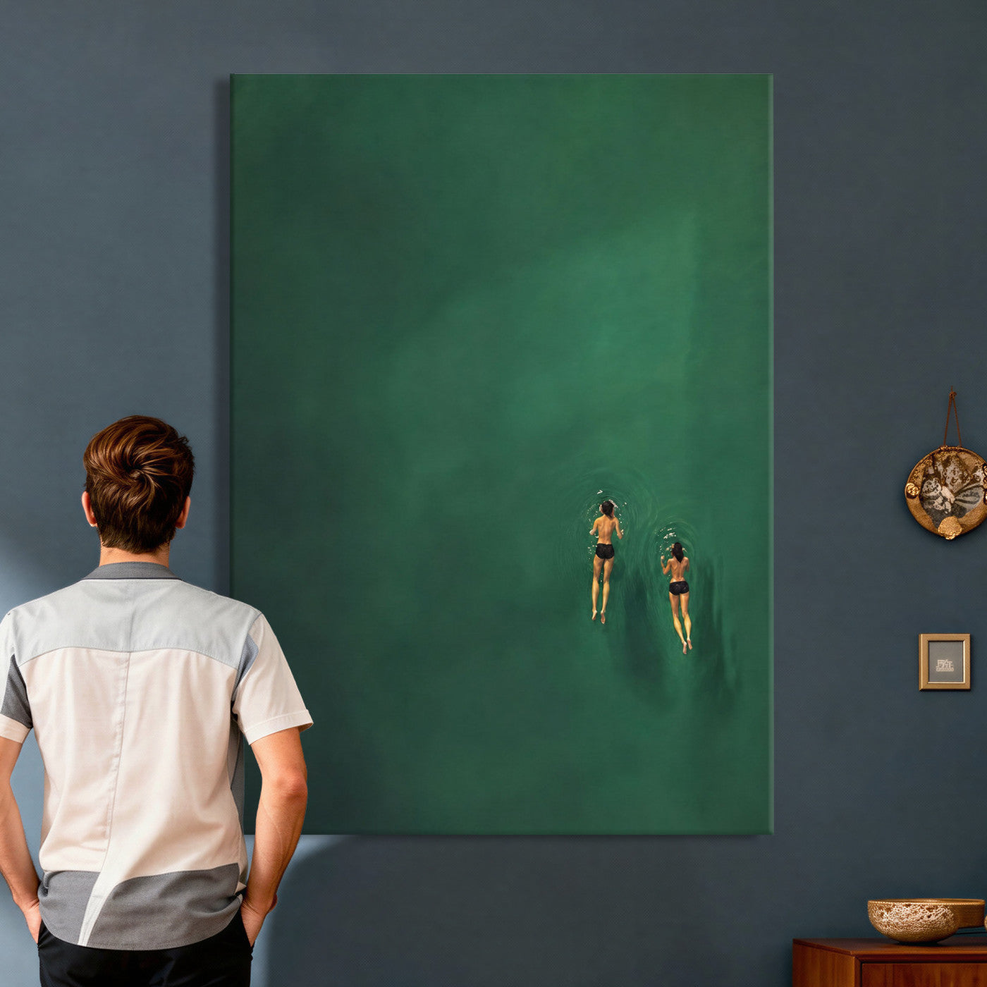 44711396-MGV-CV-24X36 - Minimalist Swimmers Canvas Wall Art Emerald Green Water Painting Print
