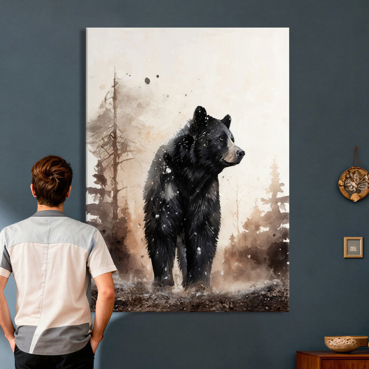 17399305-MGV-CV-24X36 - Black Bear Canvas Wall Art Winter Forest Watercolor Painting Print