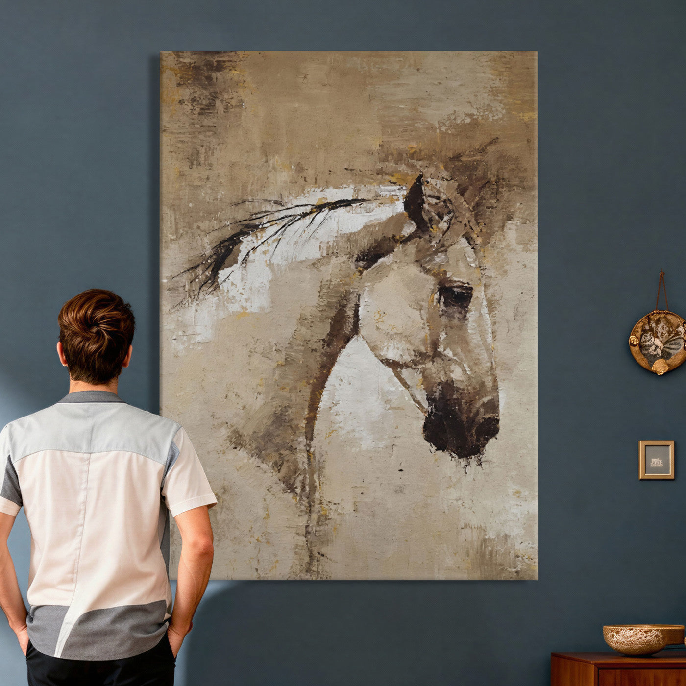 48488295-MGV-CV-24X36 - Rustic Horse Canvas Wall Art Neutral Tone Equestrian Oil Painting Print