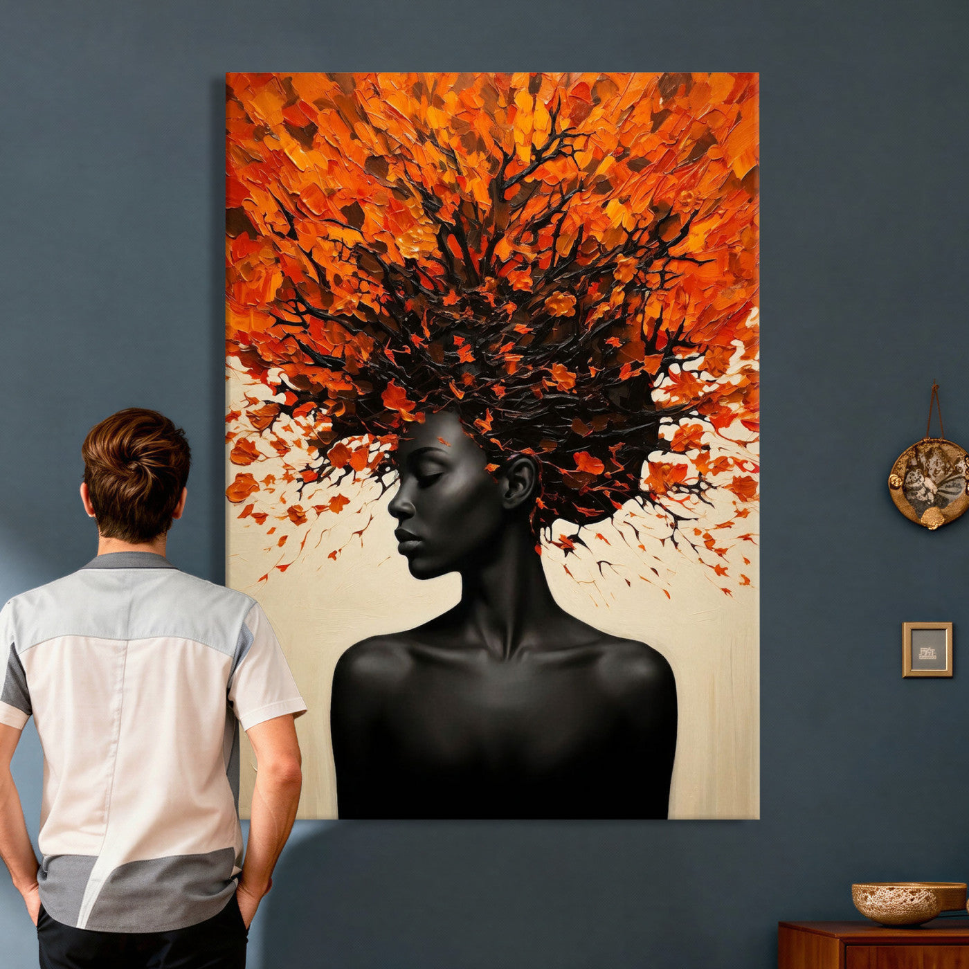 99995103-MGV-CV-24X36 - Black Woman Autumn Tree Canvas Wall Art Surreal African Portrait Painting Print