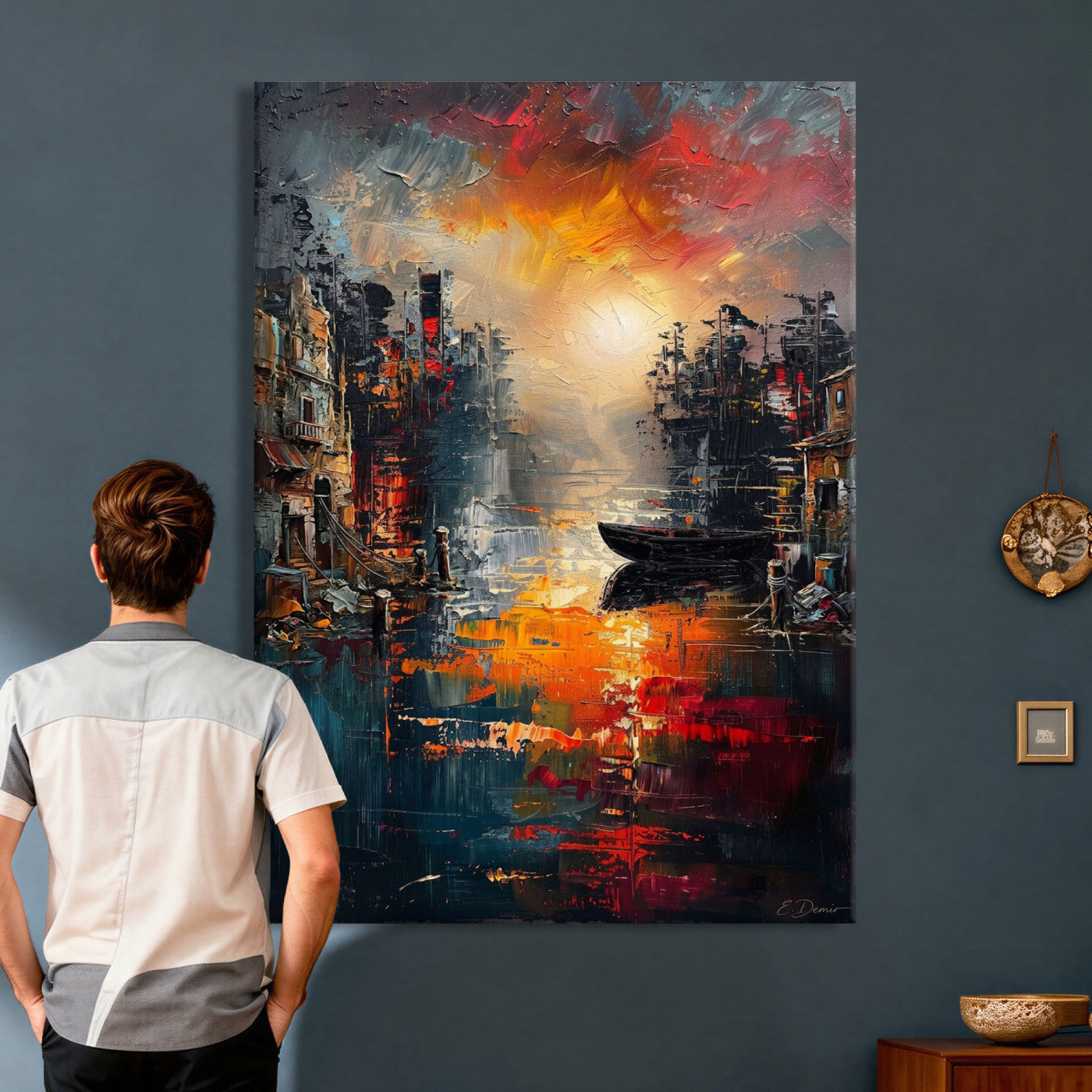 16611381-MGV-CV-24X36 - Vibrant Sunset Harbor Canvas Wall Art Abstract Cityscape Oil Painting Print