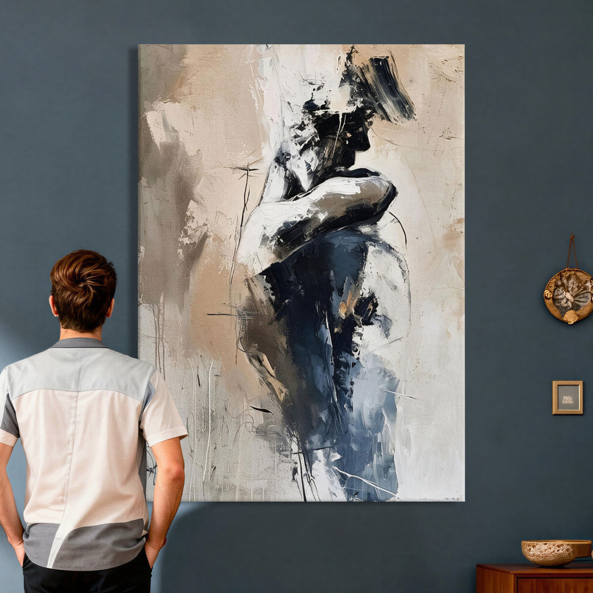 60223455-MGV-CV-24X36 - Monochrome Figurative Abstract Canvas Wall Art Moody Figure Oil Painting Print