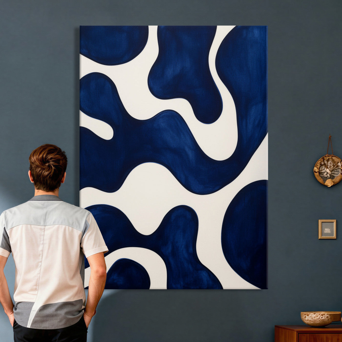 37225955-MGV-CV-24X36 - Minimalist Navy Blue Abstract Canvas Wall Art Organic Shapes Painting Print