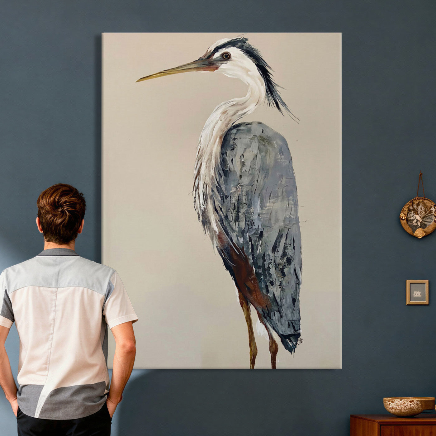 80349996-MGV-TP-24X36 - Great Blue Heron Canvas Wall Art - Coastal Bird Oil Painting Print for Home Wall Decor
