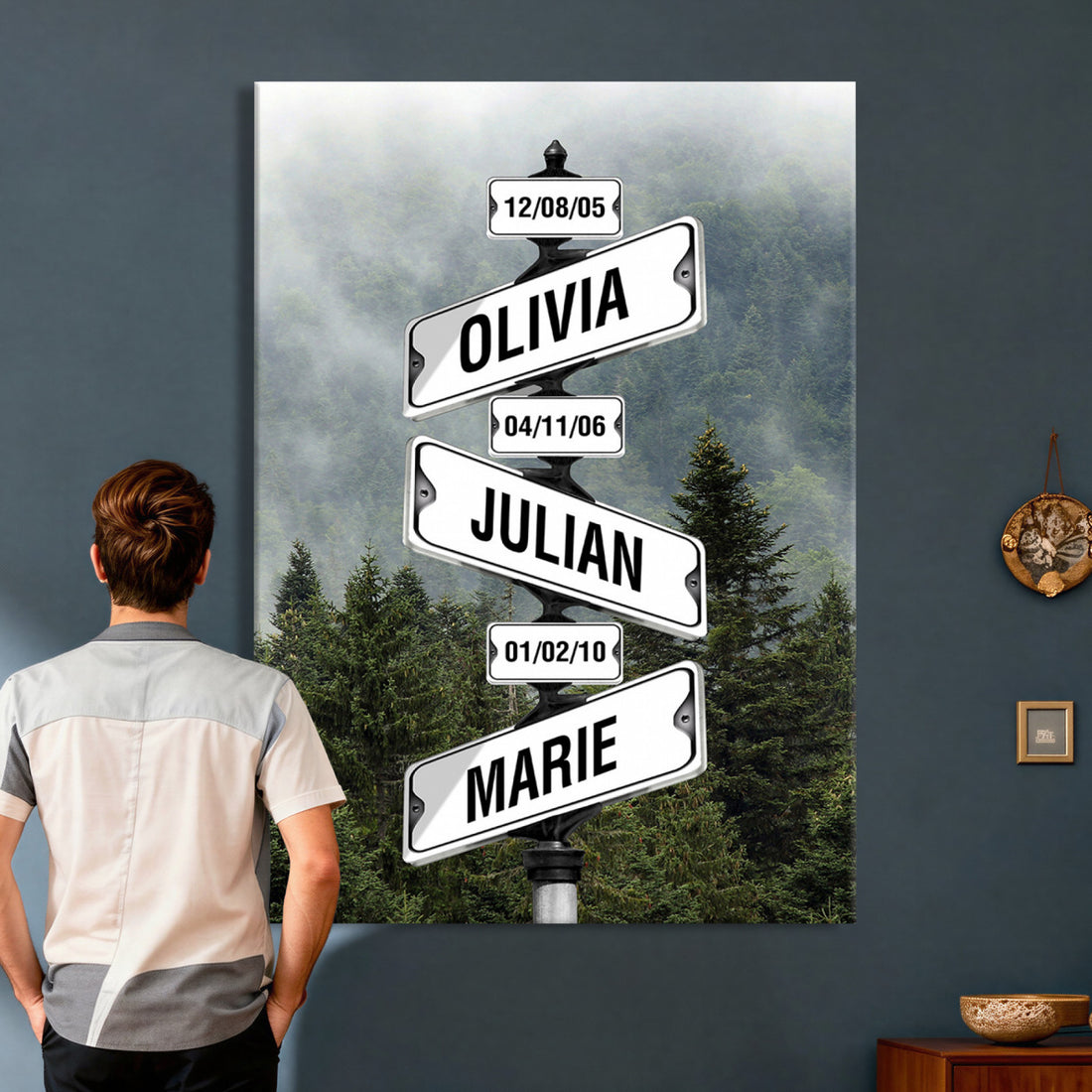 Custom Signpost Canvas Wall Art, Personalized Family Street Names Sign