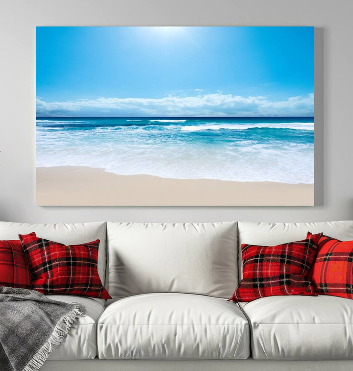 Wall Art Canvas Print Shiny Blue Sea and Beach