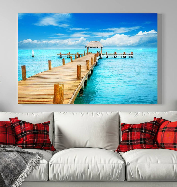 Tropical Pier Triptych Wall Art, Stunning Turquoise Ocean and Wooden Dock Canvas Print, Coastal Beach House Decor, Ocean View Canvas Art