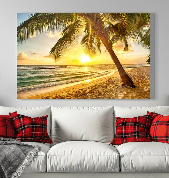 Wall Art Canvas Print Palm on Beach at Bright Sunset