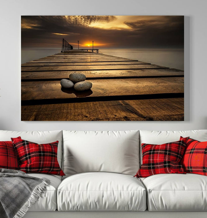 Stones on Wooden Pier at Sunset Wall Art Canvas