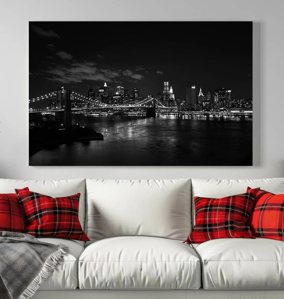 The "NEW YORK Canvas Prints Black and White Brooklyn Bridge Print" is a stunning triptych showcasing the iconic city skyline and bridge. Printed on museum-quality canvas with a UV-protective coating, it is ready to hang and instantly elevates your decor.