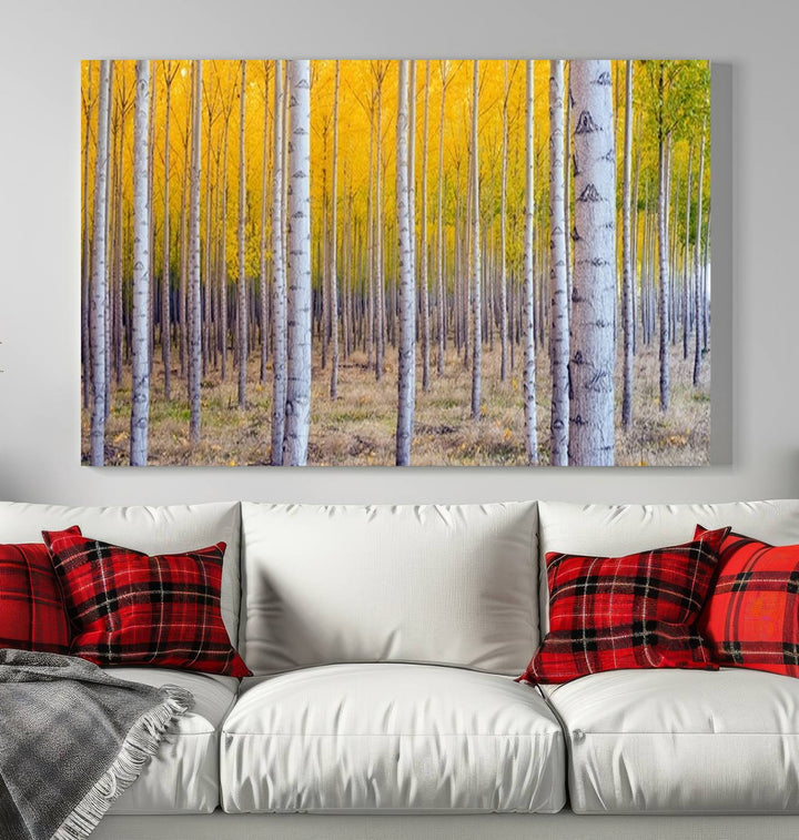 Impresión artística de pared con bosque de abedules en otoño