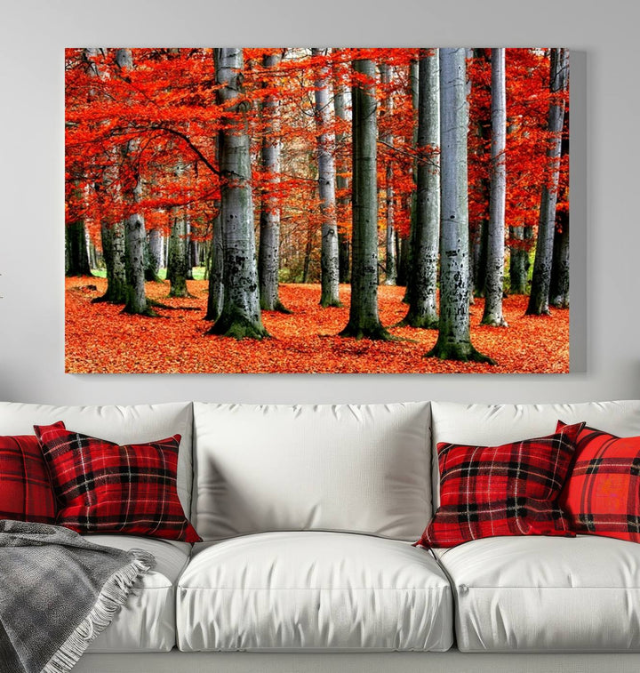 Impression sur toile de paysage d'art mural, feuilles rouges sur des arbres sur fond rouge