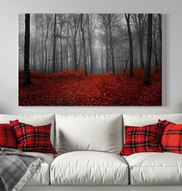 Impression sur toile de paysage d'art mural, forêt merveilleuse avec des feuilles rouges au sol