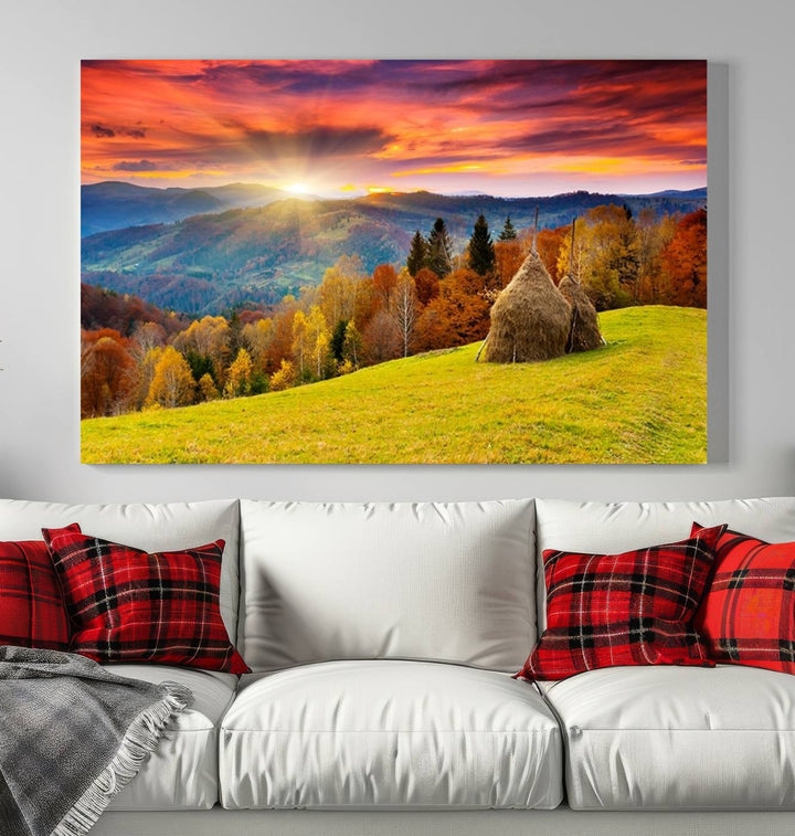 Impression sur toile de paysage d'art mural, tous les tons de vert au coucher du soleil