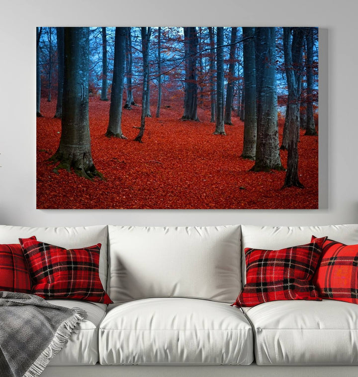 Impression sur toile de paysage d'art mural, feuilles rouges dans la forêt bleue