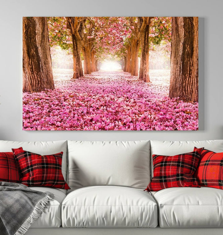 Blossom Cherry Canvas Print Walking on Pink Flowers Between Trees