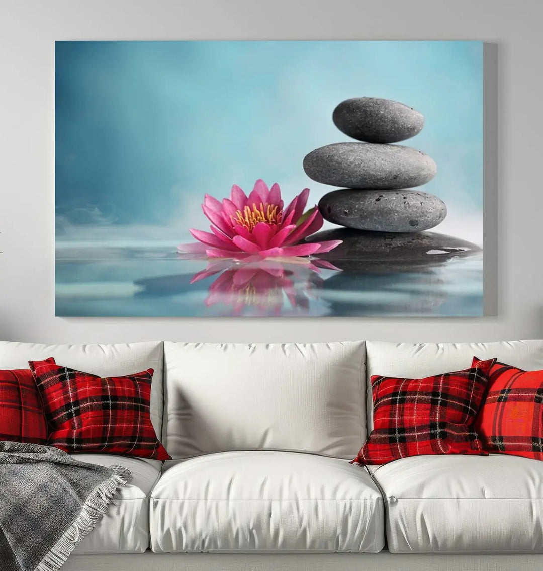 The Zen Serenity Triptych Canvas Art, featuring a lotus flower and balancing stones, perfectly captures tranquility with its serene water lily print.