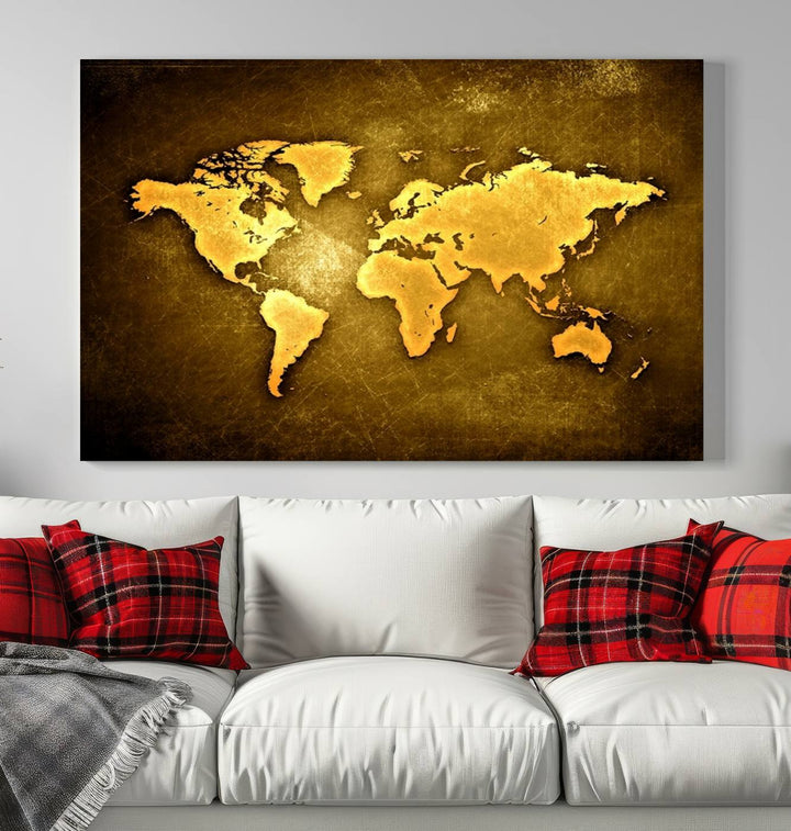 A Yellow World Map on a Metallic Yellow Background adorns the wall, arriving ready to hang and effortlessly infusing an elegant touch into your living space.