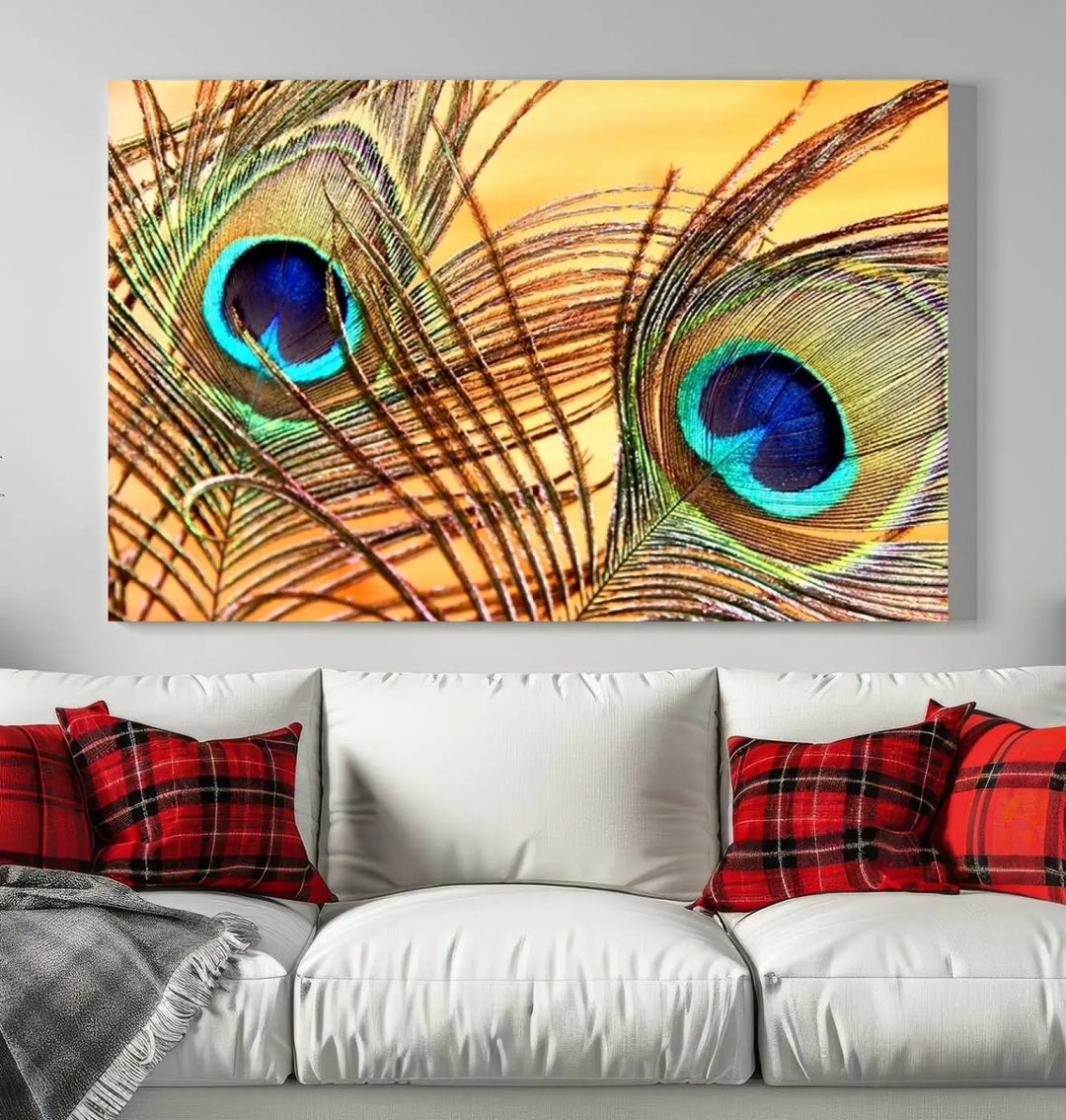 The Peacock Feather Wall Art Print, showcasing a vibrant green, blue, and orange feather design and ready to hang, adorns the space.