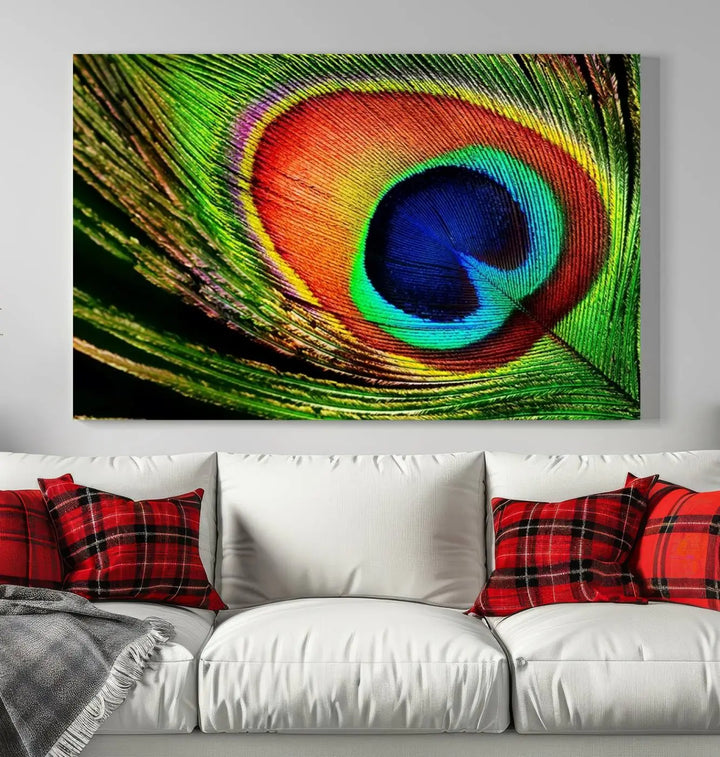 The living room features the "Colorful Peacock Feather Wall Art Print," showcasing a vibrant green, blue, and orange design elegantly displayed above a modern sofa.