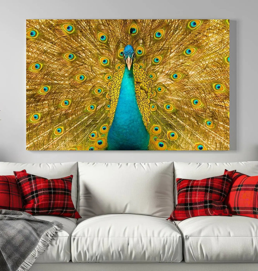 The Peacock Wall Art Canvas Print, featuring a vibrant triptych design of a peacock with intricate feather details and printed on museum-quality canvas with UV-protective coating, brings an artistic flair to the elegant space. Ready to hang, it enhances the modern living room with its striking presence.