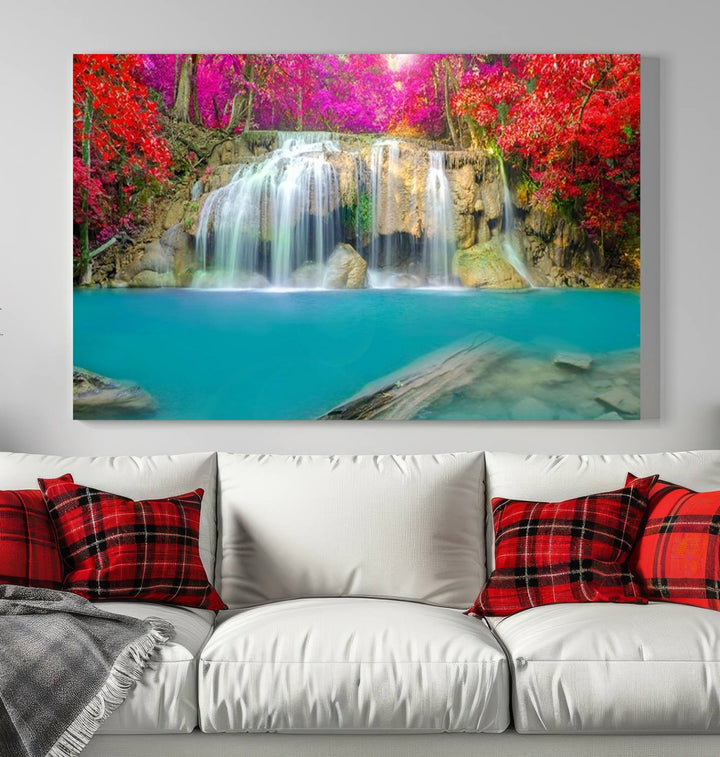 Wall Art Waterfall Landscape with Pink and Red Flowers in Forest Canvas Print