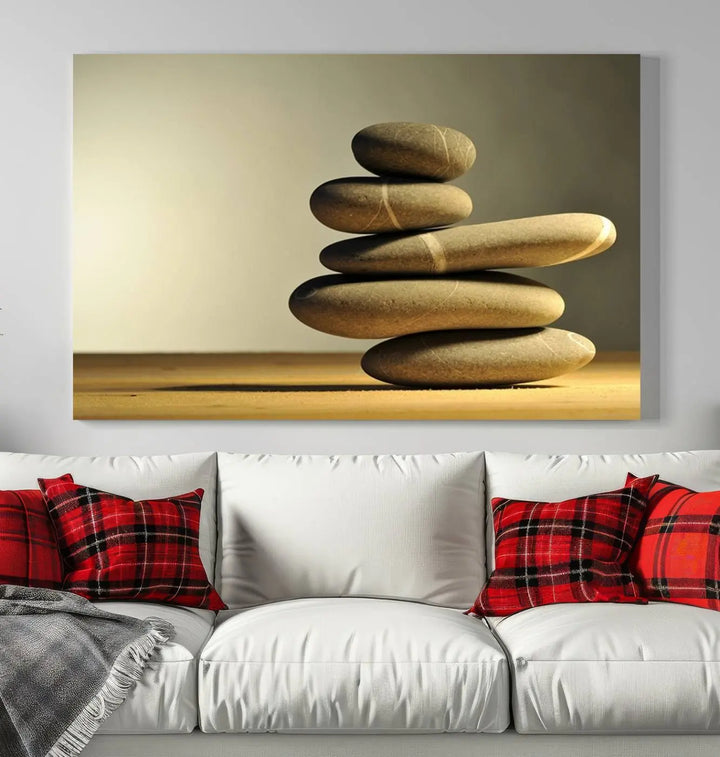 The "Yellow Zen Stones on Yellow Background Wall Art Yoga Zen Artwork," a professionally hand-assembled framed photo with UV-protective coating, is displayed on the wall.