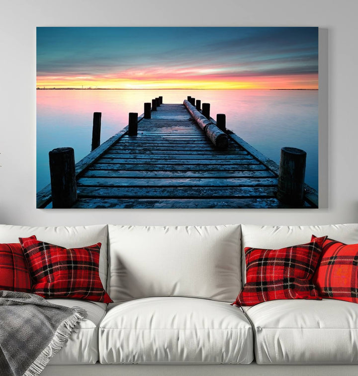 Wall Art Vintage Wooden Pier on Sea at Sunset Canvas Print