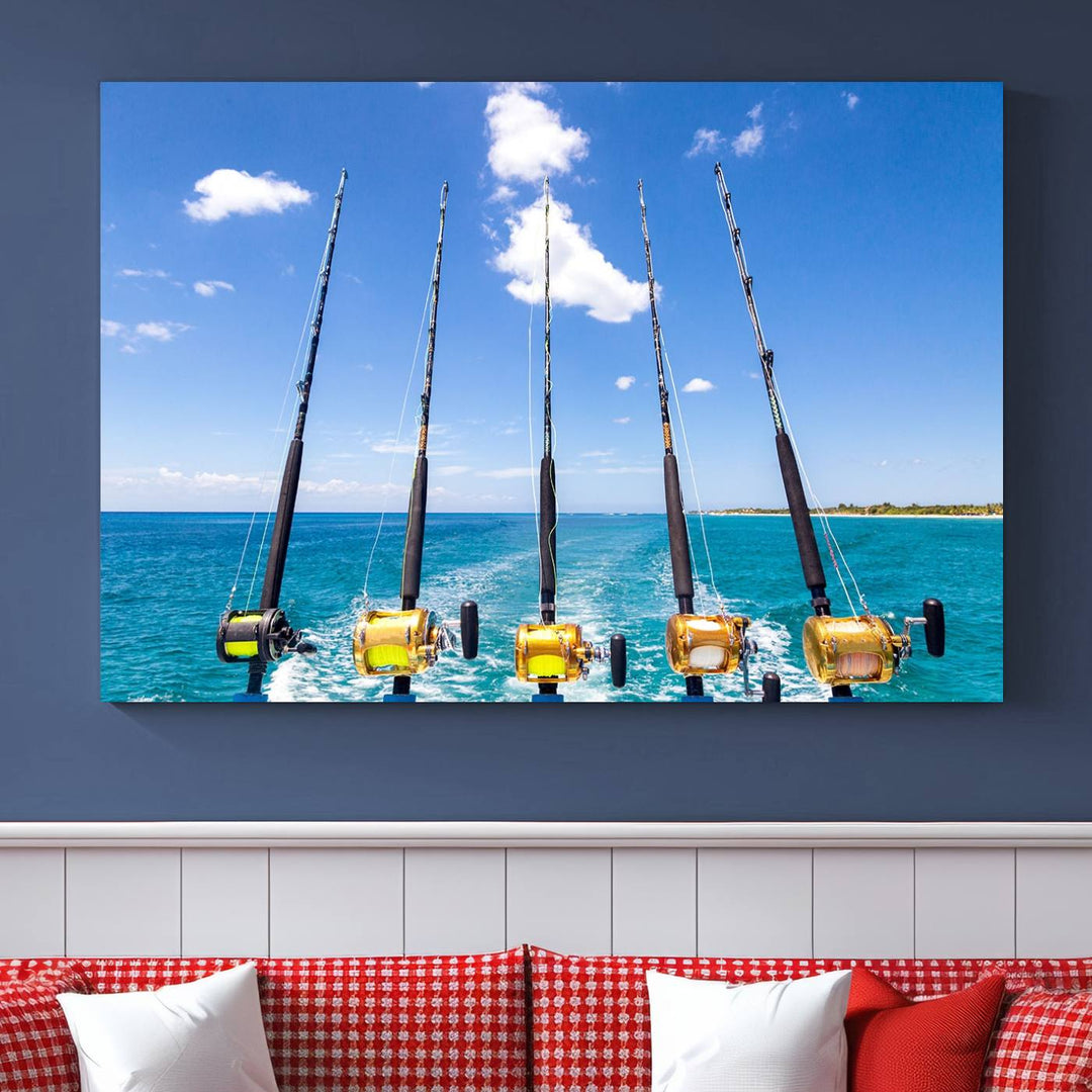 Fishing Roads on Boat Canvas Wall Art Print Ocean Seascape Art Print