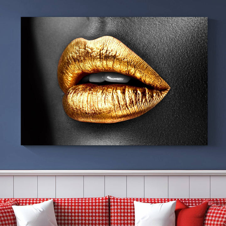 Gold Lips Canvas Wall Art Print Makeup Wall Art Fashion Beauty Canvas Print