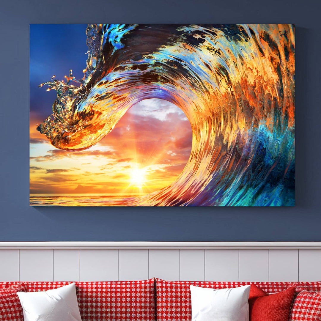 Lienzo decorativo para pared, diseño de olas, rizos, puesta de sol y océano