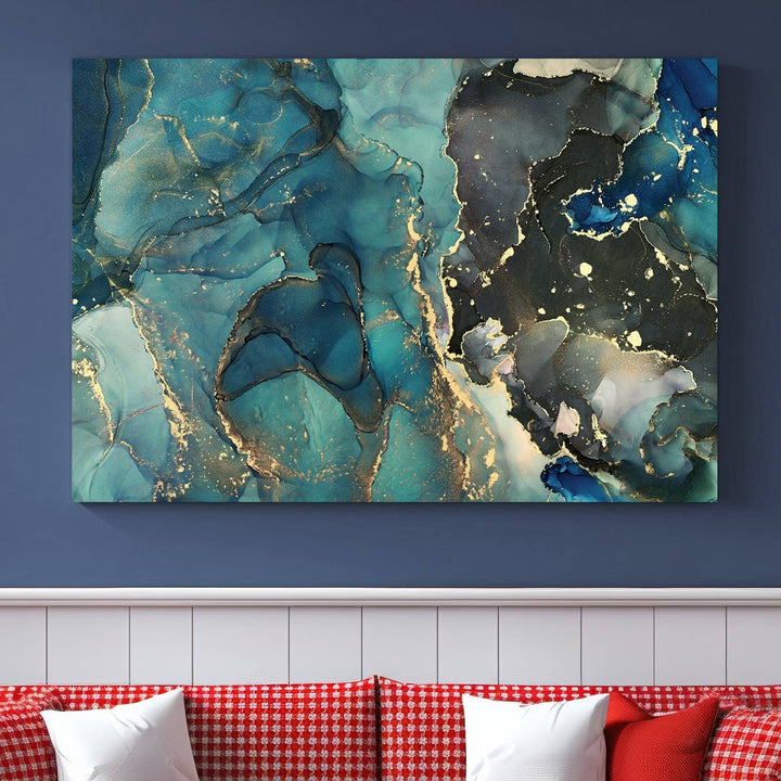 Green and Gold Marble Fluid Effect Wall Art Abstract Canvas Wall Art Print