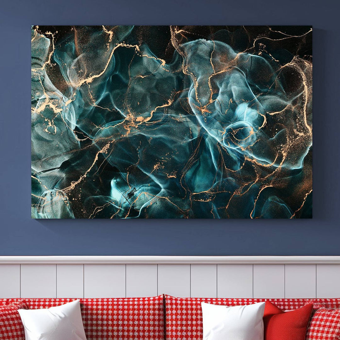 Neon Blue Marble Smokey Effect Wall Art Abstract Canvas Wall Art Print