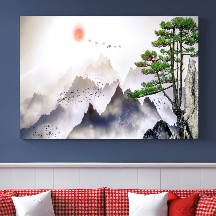 Japanese Tree Mountain Wall Art Canvas Print