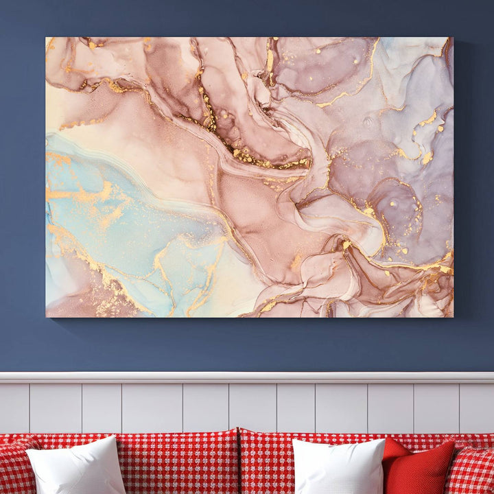 Arte de pared grande con efecto fluido de mármol dorado rosa, lienzo abstracto moderno, impresión artística de pared