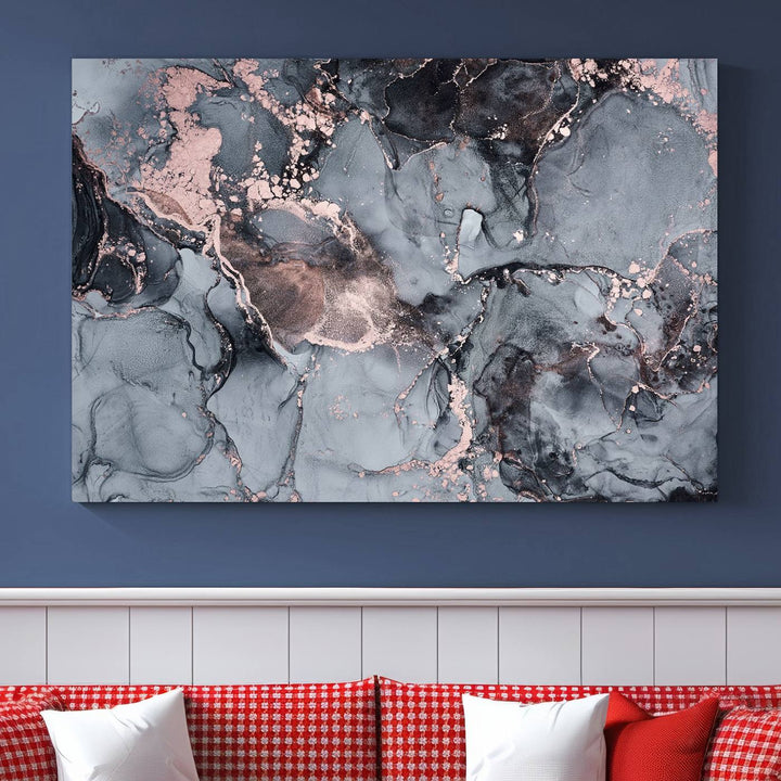 Gray and Rose Gold Marble Fluid Effect Wall Art Abstract Canvas Wall Art Print