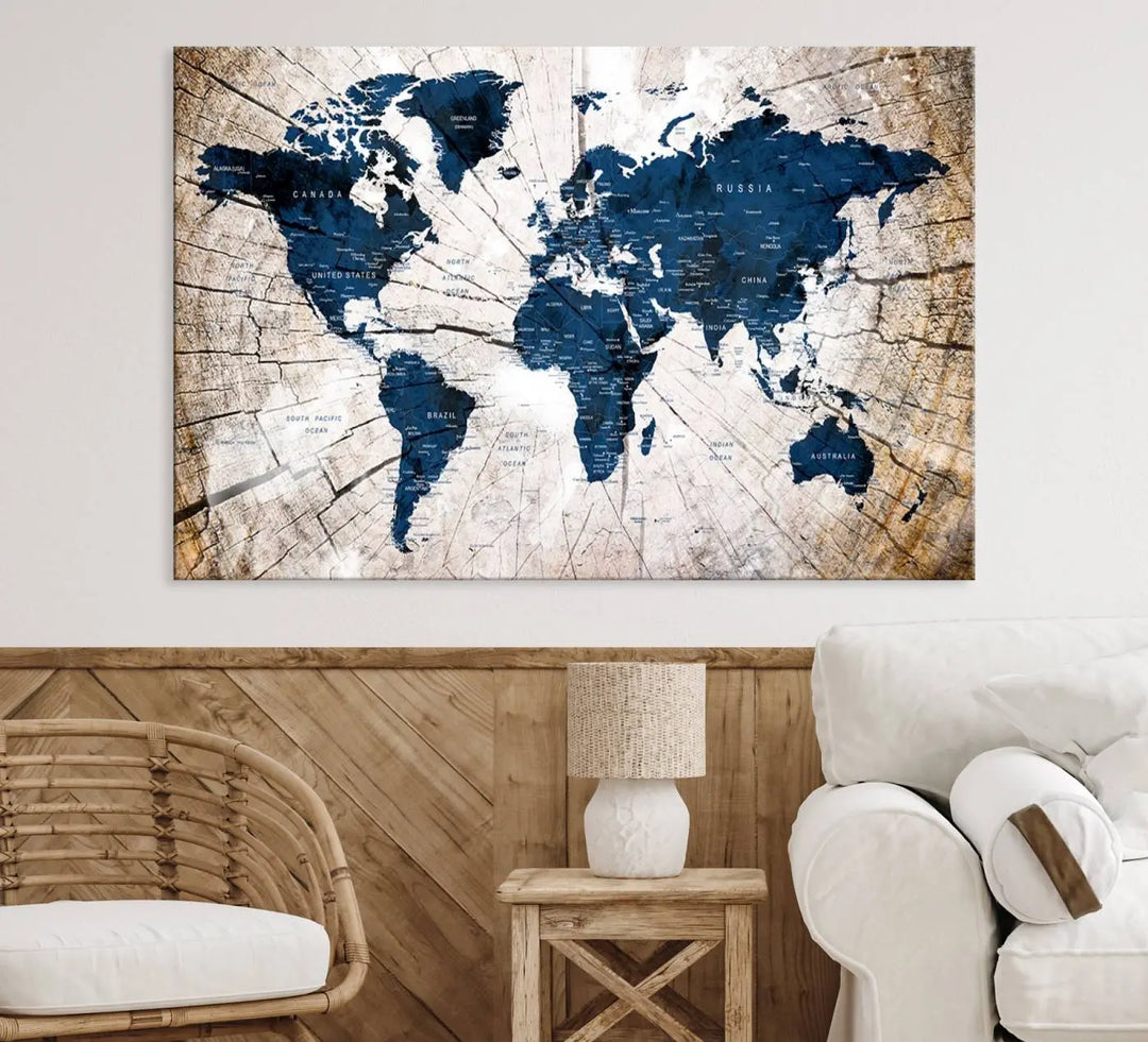 The living room exudes style with the Blue World Map Canvas Wall Art, a rustic-style triptych that's prominently displayed on the wall. This global decor piece adds an elegant touch to the space.