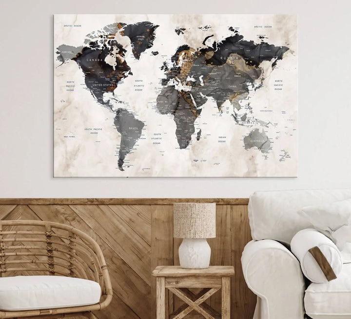 The dining room wall is adorned with the World Map Canvas Print – Earthy Triptych Wall Art, a vintage global map decor featuring dark continents.