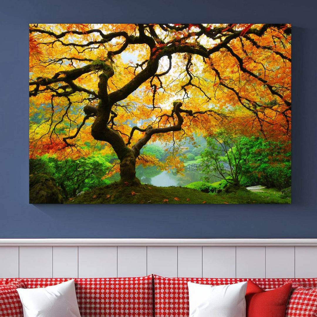 Portland Japanese Maple Tree Canvas Wall Art – Nature Landscape Print – Framed and Ready to Hang for Living Room or Office Decor