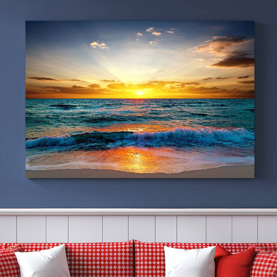 Vibrant Ocean Sunrise Over Golden Beach Waves, Giclee Canvas Wall Art Set, High-Quality Stretched Canvas Print, Ready to Hang Coastal Sunset Wall