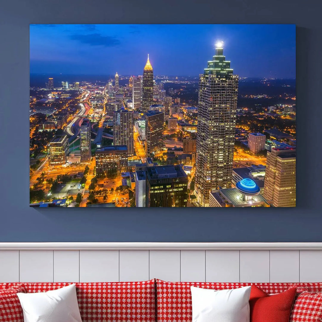 An elegant Atlanta City Blue Skyline Cityscape View Wall Art Canvas Print graces the wall, offering a sophisticated addition to your living space. Enjoy free shipping on this stylish piece.