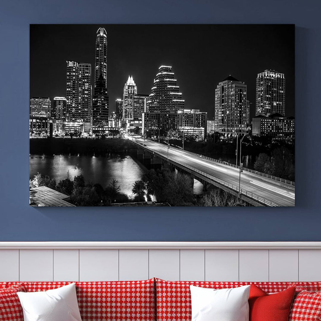 Austin City Lights Skyline Black and White Wall Art Canvas Print