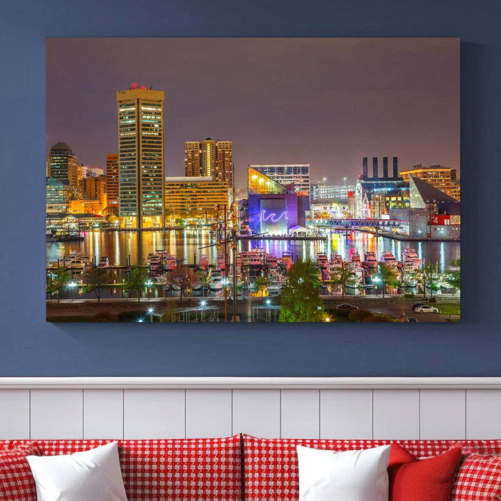 The Baltimore City Lights Night Skyline Cityscape View Wall Art Canvas Print is elegantly displayed on museum-quality canvas.