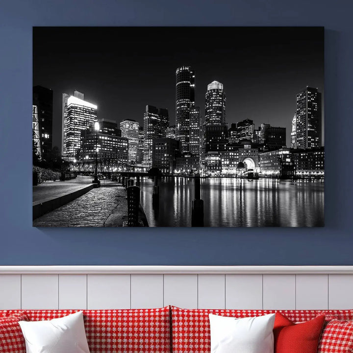 The living room showcases the Boston City Lights Skyline Black and White Wall Art Canvas Print.