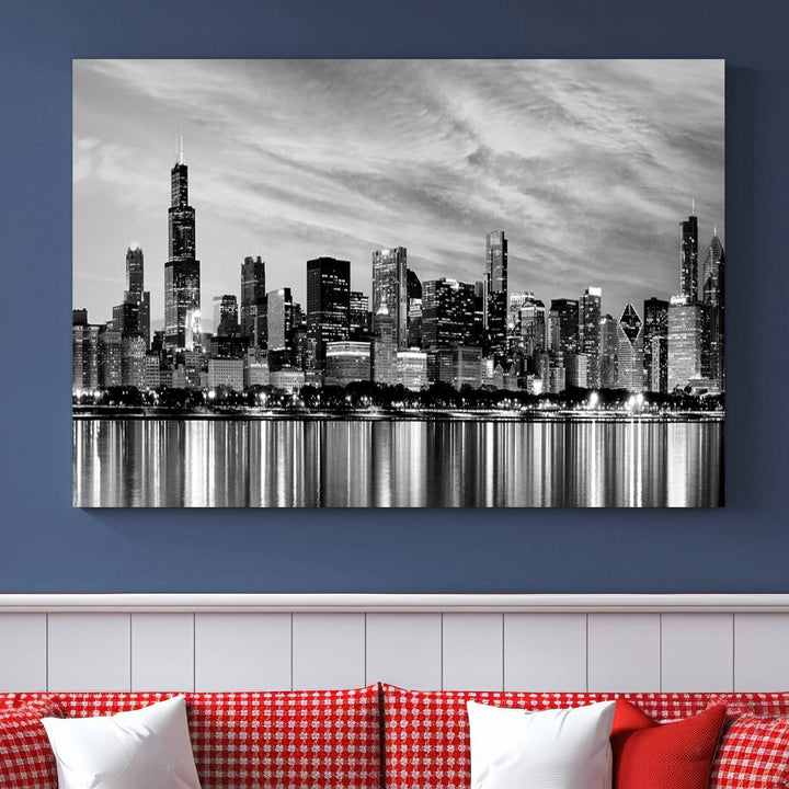 Chicago City Cloudy Skyline Black and White Wall Art Cityscape Canvas Print