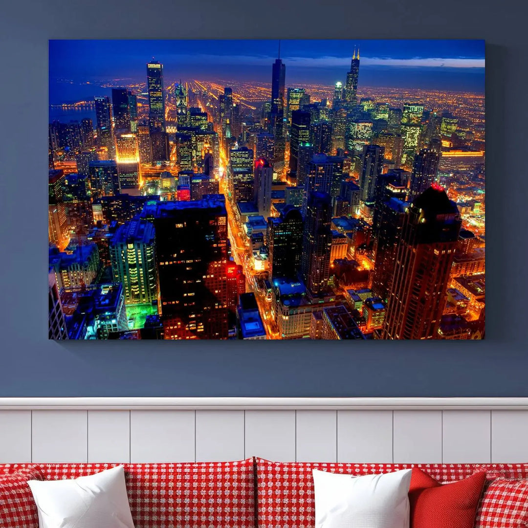 The "Chicago Night Skyline Wall Art" on museum-quality canvas adds long-lasting appeal to the living room.