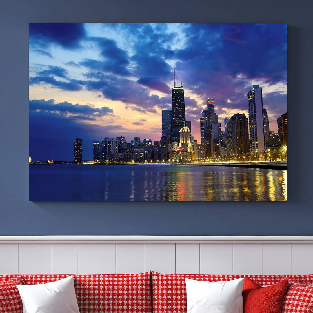 Chicago City Lights Night Cloudy Blue Skyline Cityscape View Wall Art Canvas Print