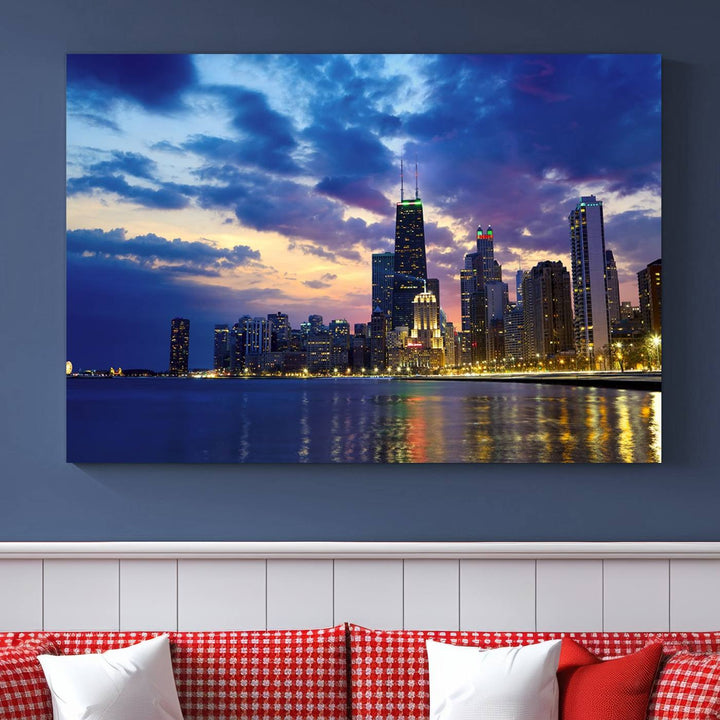 Chicago City Lights Nuit Nuageux Bleu Skyline Cityscape View Wall Art Impression sur toile