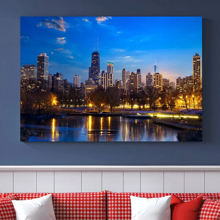 A triptych photo titled "Chicago City Lights Night Blue Skyline Cityscape View Wall Art Canvas Print" is elegantly displayed on gallery-wrapped, museum-quality canvases.